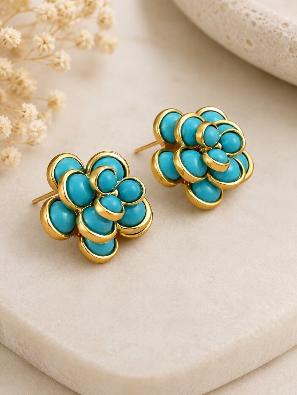 Turquoise Flower Stud Earrings 18K Gold Plated Statement Earrings Boho Luxe